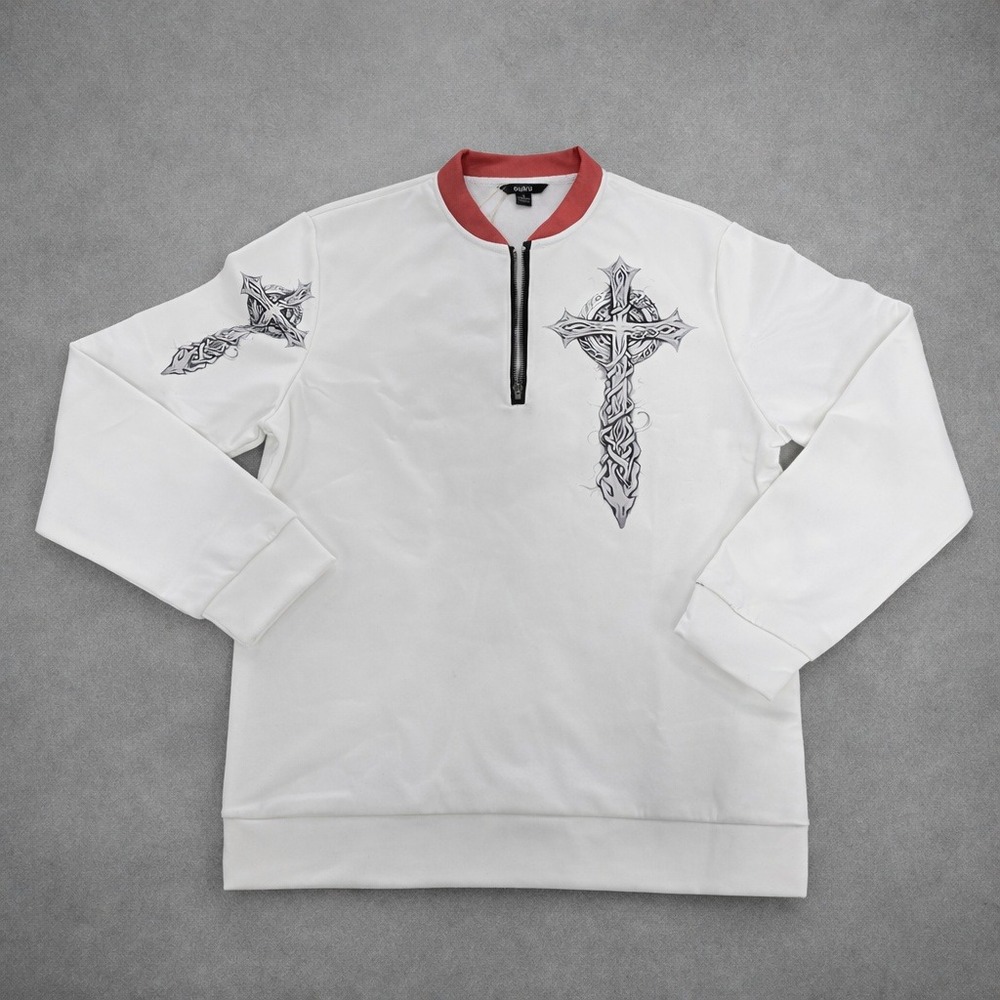 Ouku Mens White Celtic Cross Graphic Quarter Zip Pullover Sweatshirt Medium NWT